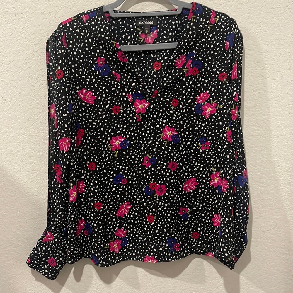 Express Black Floral Blouse featuring Open Slit Arms - Size M